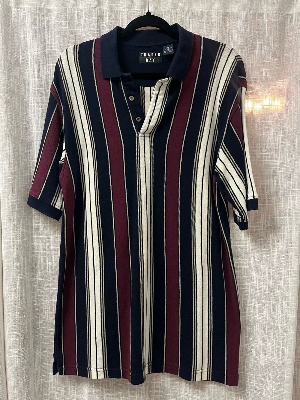 Vintage Trader Bay Striped Polo Shirt Size Medium 100% Cotton Maroon/Navy Blue